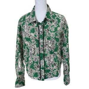 C&C California Linen Button Shirt S Green Floral Print Cropped Boxy Top Cottage
